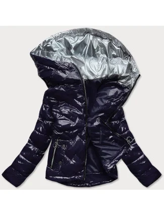 Tmavo modrá prešívaná dámska bunda s kapucňou (R9562)