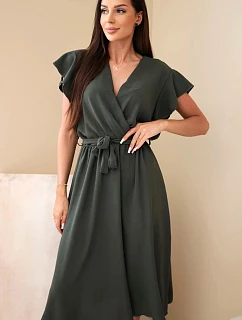 Dámske zavinovacie midi šaty s opaskom a krátkymi rukávmi khaki
