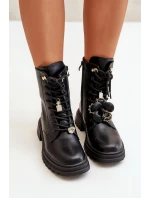Eko Skórzane Botki Workery Damskie Z Przypinkami Czarne Rianael