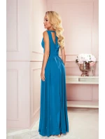 362-4 JUSTINE Długa suknia z dekoltem i wiązaniem - NIEBIESKA