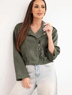 Dámska semišová viskózová bunda s asymetrickým zipsom v khaki farbe