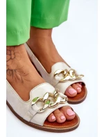 Skórzane Sandały Damskie Lewski Shoes 3230 Beżowo-Złote