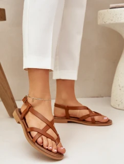 Skórzane Płaskie Sandały Z Przeplatającymi Się Paseczkami Zazoo 40429 Brązowe