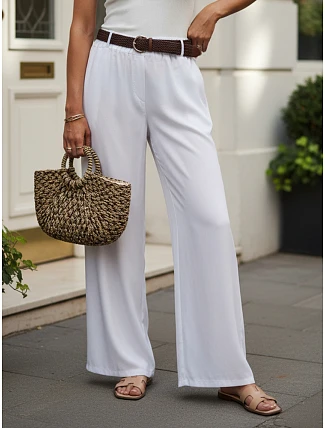 Dámske nohavice z lyocellu so širokými nohavicami, biele, FashionStreet UY3067 Dámske nohavice z lyocellu so širokými nohavicami, biele, FashionStreet UY3067