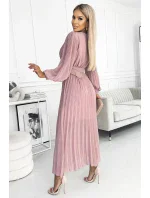 414-2 KLARA plisované šaty s opaskom a výstrihom - púdrovo ružové