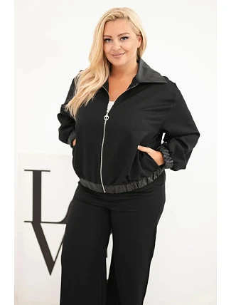 Dámska súprava Plus Size s bundou na zips a širokými nohavicami, čierna Dámska súprava Plus Size s bundou na zips a širokými nohavicami, čierna