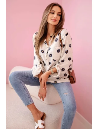Dámska ľanová blúzka s kvetinovým vzorom, dlhými rukávmi a gombíkmi