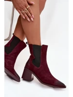 Skórzane Zamszowe Botki Damskie Na Słupku Ocieplane Artiker 57C0048 Bordowe