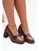 Półbuty Damskie Na Słupku Z Tłoczeniem I Złotym Detalem Beżowo-Brązowe Novella