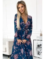 519-3 Plisované šifónové dlhé šaty s výstrihom, dlhými rukávmi a opaskom - MODRÉ s kvetmi 519-3 Plisované šifónové dlhé šaty s výstrihom, dlhými rukávmi a opaskom - MODRÉ s kvetmi