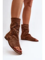 Zazoo 3437 Damskie Zamszowe Sandały Z Cholewką Na Zamek Brązowe