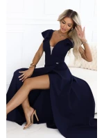 Dámske elegantné maxi šaty s volánmi 660-1 tmavo modré - Numoco