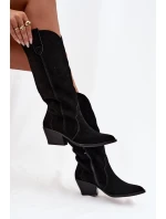 Skórzane Zamszowe Kozaki Kowbojki Damskie Ocieplane Czarne Urselle