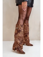 Damskie Kozaki Na Słupku Przed Kolano Panterka Brązowe Portora