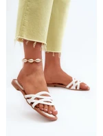 Klapki Damskie Eko Skórzane Na Płaskim Obcasie Białe Moldela