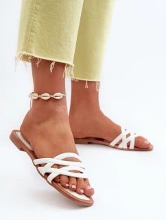 Klapki Damskie Eko Skórzane Na Płaskim Obcasie Białe Moldela