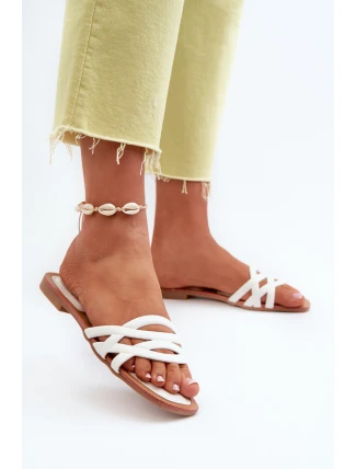 Klapki Damskie Eko Skórzane Na Płaskim Obcasie Białe Moldela