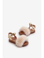 Sandałki Dziecięce Na Rzep Z Futerkiem Złote Rosavere