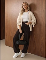 Dámske joggerové nohavice z manšestru s opaskom, čokoládové, FashionStreet UY3140 Dámske joggerové nohavice z manšestru s opaskom, čokoládové, FashionStreet UY3140