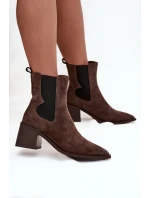 Skórzane Zamszowe Botki Damskie Na Słupku Ocieplane Artiker 57C0047 Brązowe