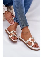 Zdobione Płaskie Klapki Damskie Białe Adivrae