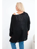 Dámsky oversized sveter s čipkou, výstrihom do V a predĺženým zadným dielom, čierny Dámsky oversized sveter s čipkou, výstrihom do V a predĺženým zadným dielom, čierny
