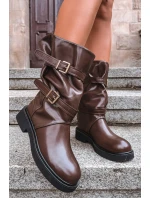 Marszczone Kozaki Damskie Do Połowy Łyski Z Paskami I Klamrami Brązowe Halvessa