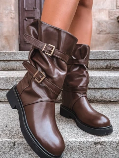 Marszczone Kozaki Damskie Do Połowy Łyski Z Paskami I Klamrami Brązowe Halvessa