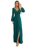 572-4 NELA trblietavé dlhé šaty s výstrihom, dlhými rukávmi a rozparkom na nohách - MASTOVO ZELENÁ