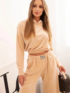 Dámska velúrová súprava so širokými nohavicami a mikinou s kapucňou béžová