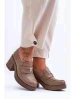 Skórzane Półbuty Damskie Na Słupku Ciemnobeżowe Lemar Dunadia