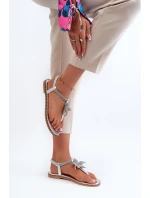 Płaskie Sandały Damskie Z Ozdobnym Kwiatkiem Srebrne Edoni Płaskie Sandały Damskie Z Ozdobnym Kwiatkiem Srebrne Edoni