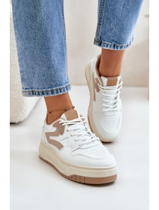 Damskie Sneakersy Z Eko Skóry Na Platformie Biało-Beżowe Henizore