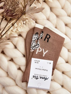 Skarpety Damskie Bawełniane Z Napisem I Misiem Jasnobrązowe