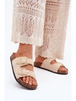 Szydełkowe Klapki Damskie Ze Złotymi Klamrami Beżowe Fenira