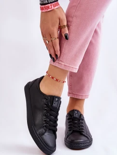 Damskie Skórzane Wiązane Klasyczne Trampki Czarne Misima
