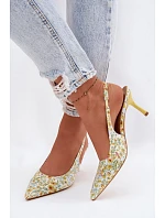 Zdobené dámské sandály na podpatku s květinovým vzorem Žluté Olivelle