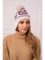 Dámska čiapka s brmbolcom Rosa K368 vínová+biela+béžová