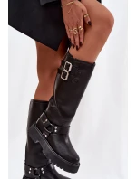 Kožené dámské kozačky s přezkami zateplené Big Star OO274A180 černé Kožené dámské kozačky s přezkami zateplené Big Star OO274A180 černé