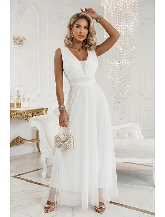 637-8 Dlhé maxi šaty s brokátovým akcentom a hlbokým výstrihom - ecru