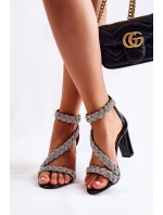 Skórzane Sandałki Na Obcasie Z Cyrkoniami Lewski Shoes 3239 Czarne