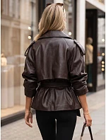 Dámska dvojradová bunda z ekokože s opaskom, hnedá, FashionStreet TY5912 Dámska dvojradová bunda z ekokože s opaskom, hnedá, FashionStreet TY5912