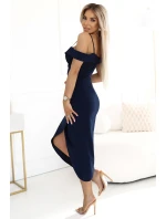 564-7 CALLIE Midi šaty s odhalenými ramenami a výstrihom - ZELENÉ