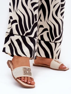 Eleganckie Klapki Damskie Z Ozdobą Na Płaskim Obcasie Beżowe Lovehia