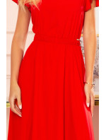 LIDIA - Dlhé červené dámske šaty s volánikmi a dekoltom 310-2