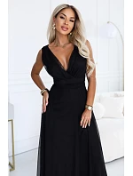 687-1 Elegantné maxi šaty s výstrihom do V a odhalenými chrbtom – čierne