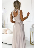 362-8 JUSTINE Dlhé šaty s výstrihom a zaväzovaním na chrbte - béžové s trblietkami 362-8 JUSTINE Dlhé šaty s výstrihom a zaväzovaním na chrbte - béžové s trblietkami