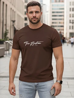 Pánske bavlnené tričko s potlačou „The Boston“, hnedé, FashionStreet NX5129R