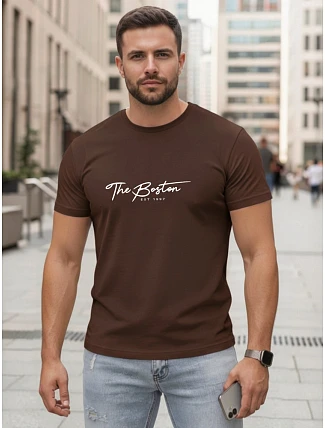 Pánske bavlnené tričko s potlačou „The Boston“, hnedé, FashionStreet NX5129R