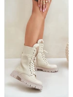 Lakierowane Ocieplane Botki Workery Z Ozdobą Beżowe Kelilea